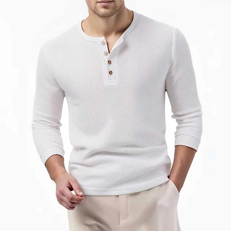 T-shirt da uomo di lusso vintage a tinta unita con colletto Henry in tessuto waffle, a maniche lunghe, per il business