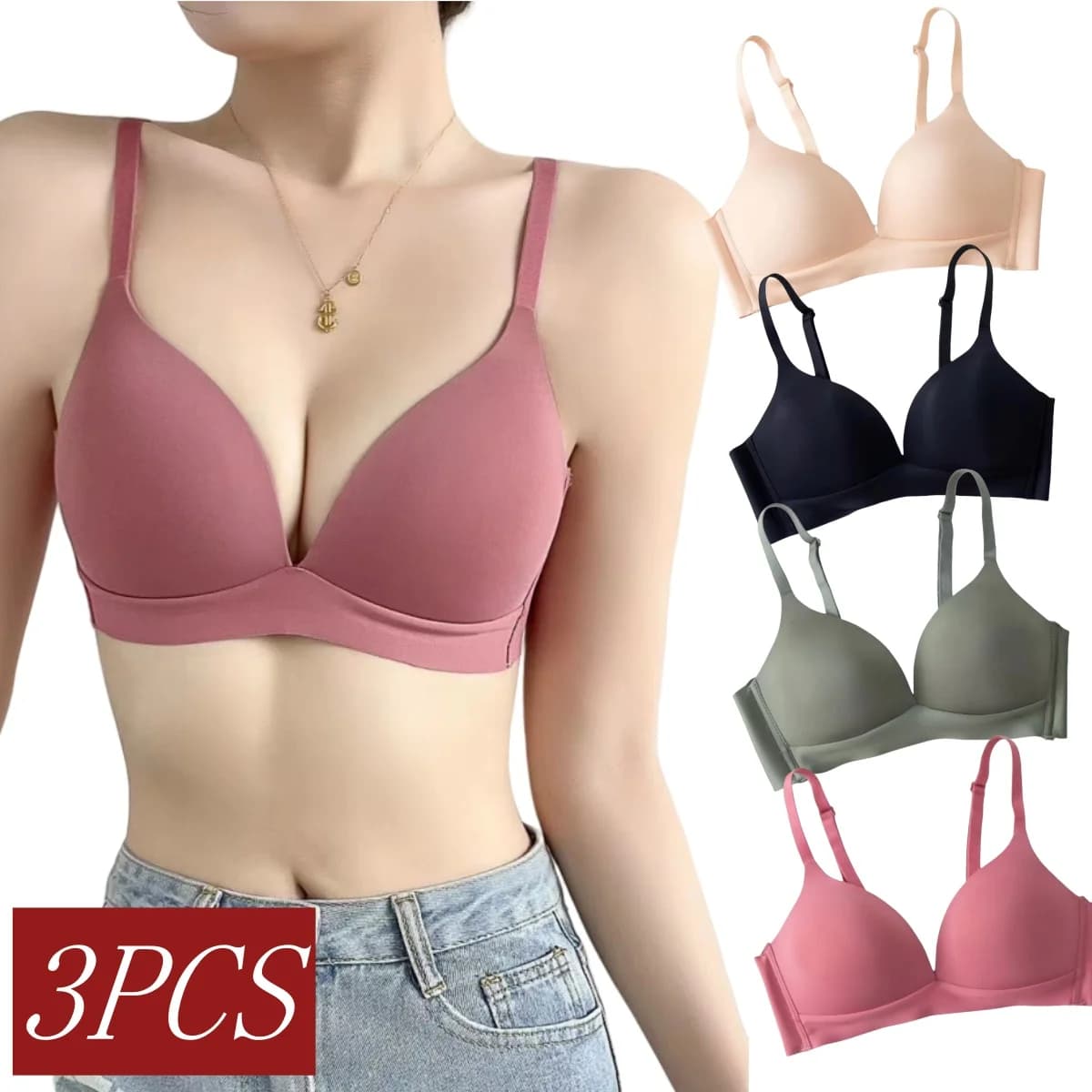 Set di 3 reggiseni senza cuciture per donna, senza ferretto, lucidi, con scollo a V profondo, coppa fissa, reggiseno push-up 3/4, comodi per l'uso quotidiano, lingerie.