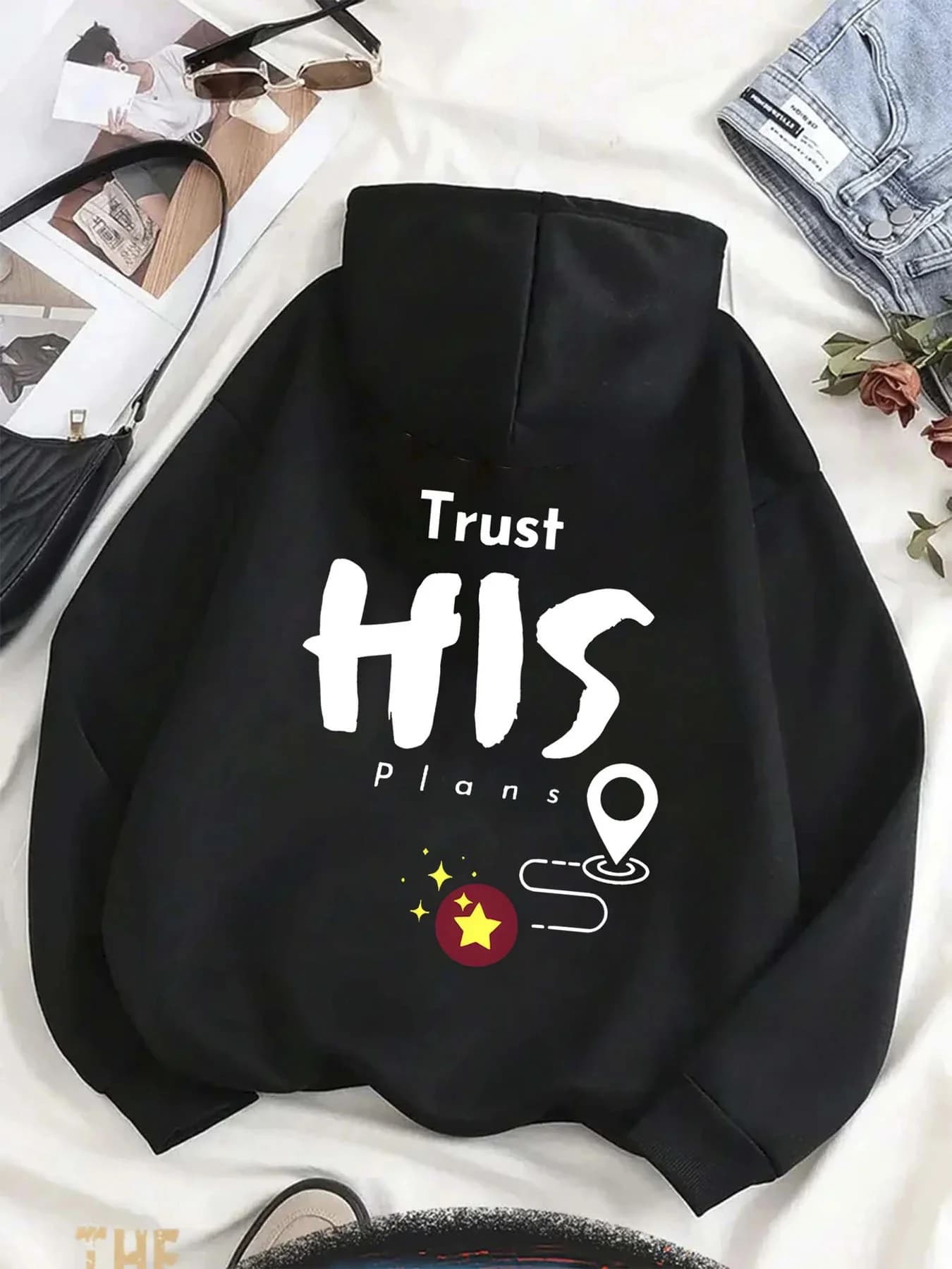 Felpa da uomo oversize Trust His Plans con stampa di lettere, felpa streetwear casual, motivi stampati sul retro, felpe con cappuccio da uomo