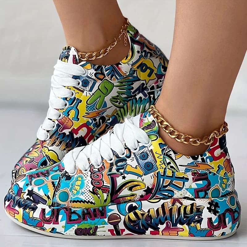 Women's Scratch Printed Gymnastics Shoes with Fashionable Plateau with Laces Casual Skateboard Shoes New Vulcanized Shoes