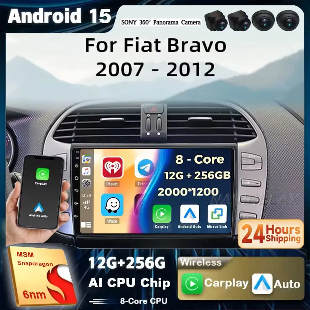 Android 15 Per Fiat Bravo 2007 2008 2009 2010 2011 2012 Autoradio Lettore Multimediale di Navigazione GPS WiFi + 4G DSP BT Carplay Auto
