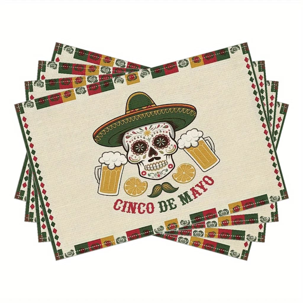 4 tappetini da tavolo in poliestere Cinco de Mayo, design colorato di ispirazione messicana con teschio, sombrero e tazza da birra