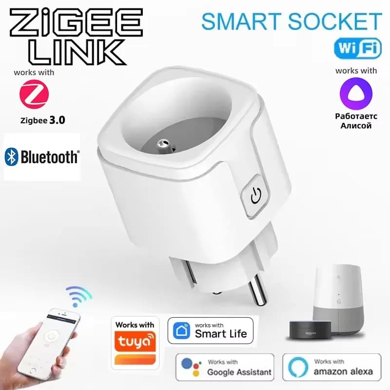 Smart ZigBee 3.0 socket for Tuya Smart Socket EU 16A 20A WiFi Bluetooth with Consumption Monitoring, Remote Control via APP, Timer and Voice Control Alexa Google