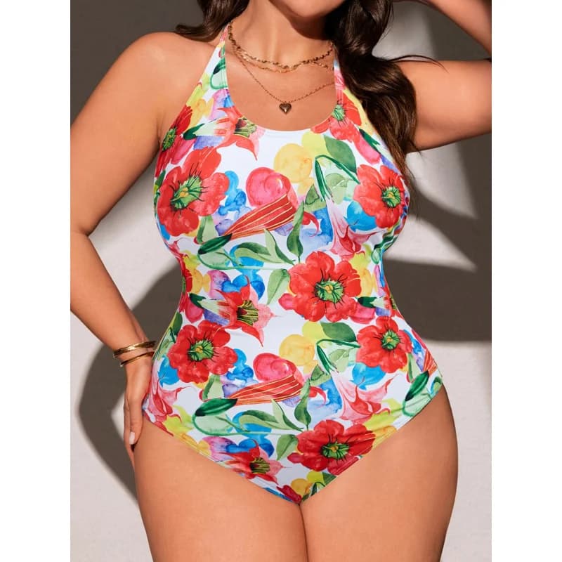 Costume da bagno intero da donna casual stile resort con stampa floreale, spalline incrociate sul retro e design push-up