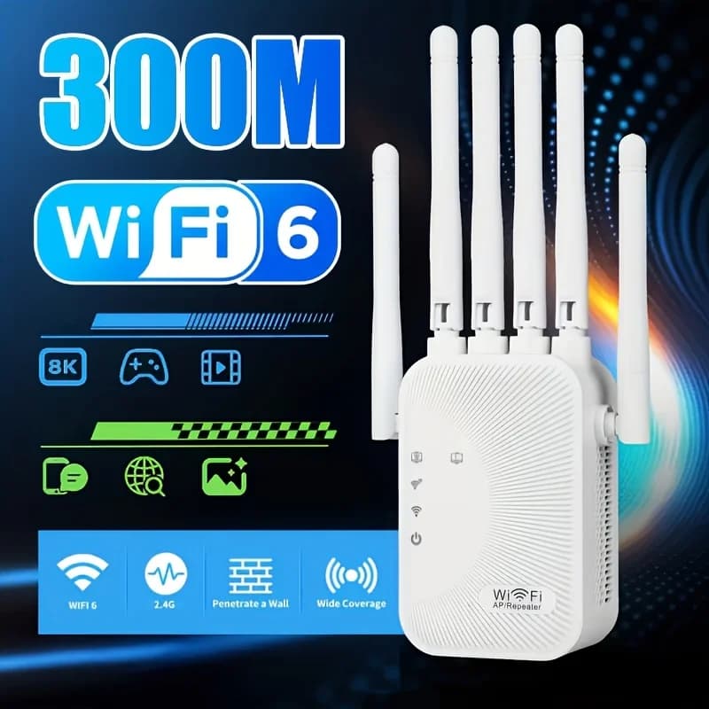 Ripetitore WiFi 2.4GHz con Porta Ethernet, 6 Antenne, Amplificatore di Segnale per Internet Domestico, Copertura fino a 123 mq