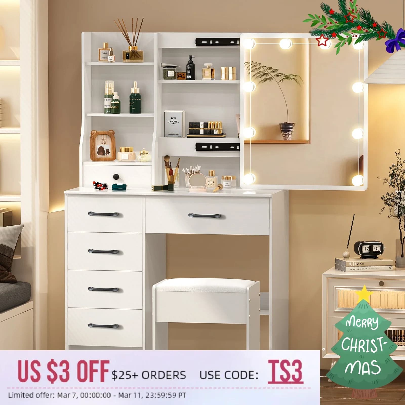 Set da tavolo da scrivania con 6 cassetti, specchio scorrevole con luci a LED