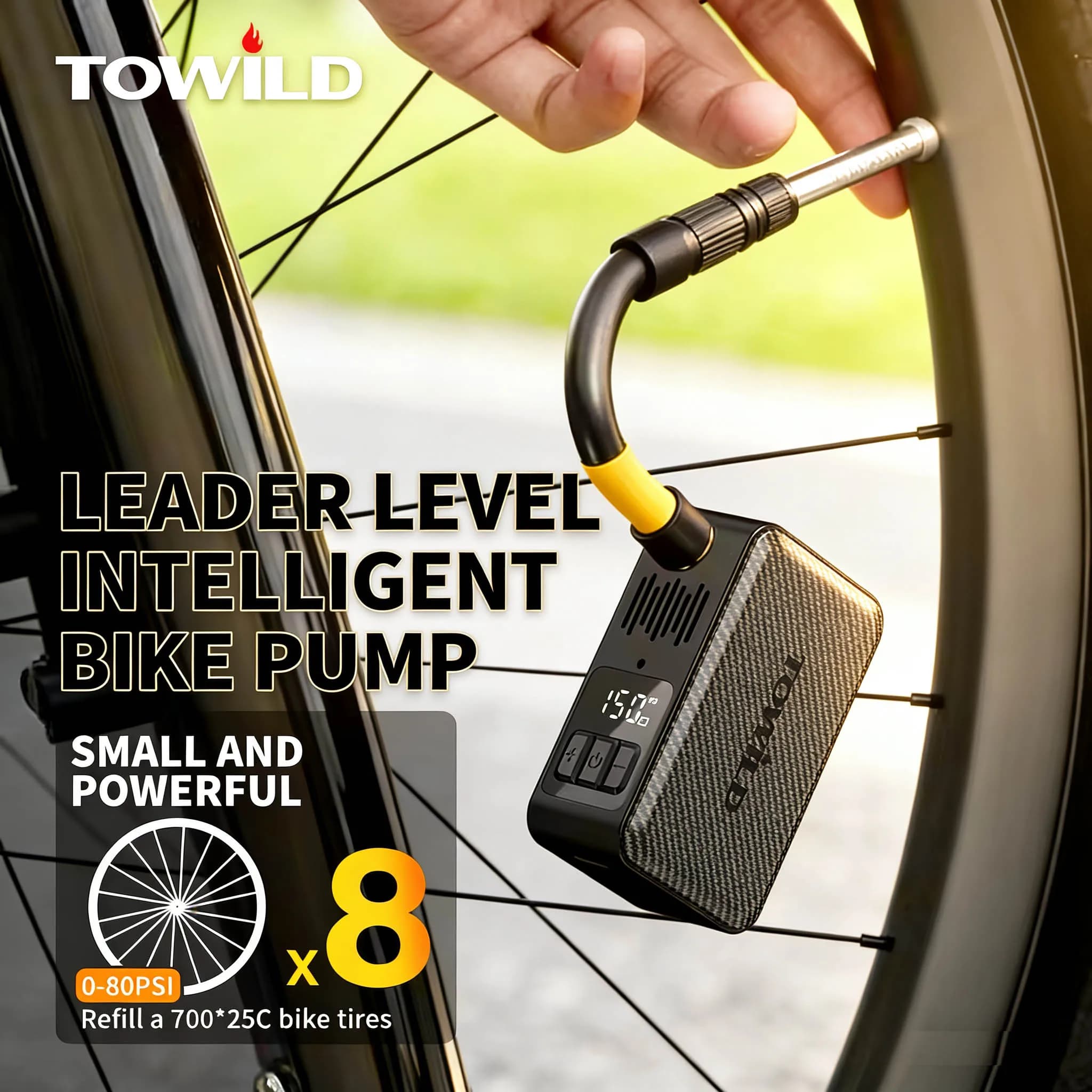 TOWILD A15 Pompa d'aria intelligente per bici 150PSI Mini pompa elettrica portatile ad alta pressione per gonfiatore pneumatici AV/FV Accessori per bici