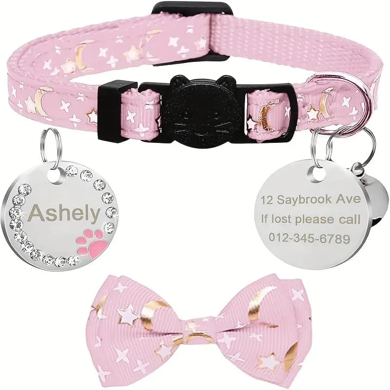 Collare per gatti personalizzato Ciondolo ID Incisione Nome Tag Collare per collana per gatto Cucciolo Gattino Campana Papillon Collare per cani di piccola taglia personalizzato