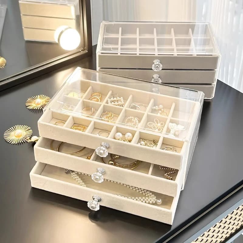 Organizzatore di Gioielli in Velluto con 3 Cassetti, Espositore Impilabile per Orecchini, Collane e Bracciali