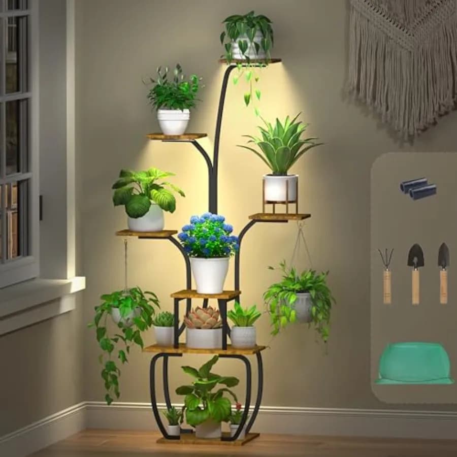 Supporto per piante da interno con luci per coltivazione, 140 cm di altezza, scaffale a 7 livelli per piante da interno, porta vasi a forma di vaso, porta piante da giardino
