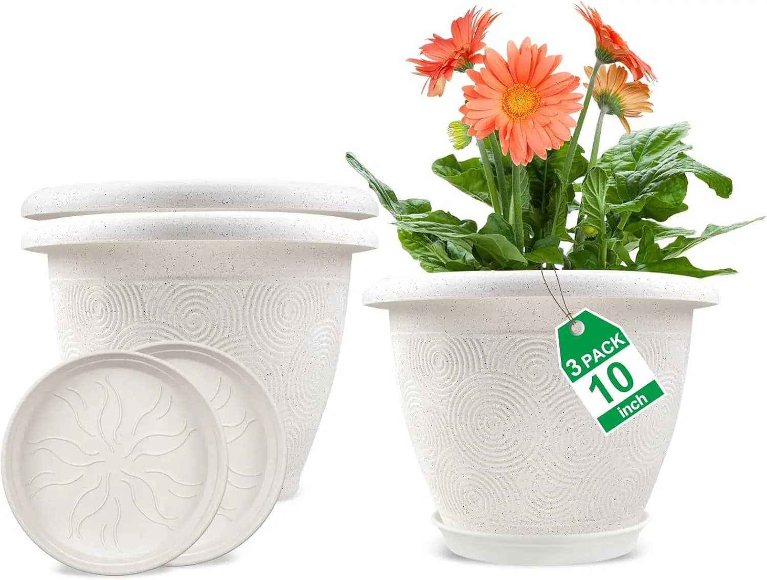 Vasi per piante in plastica per piante da interno, confezione da 3 vasi bianchi da 10 pollici con foro di drenaggio e vassoio, decorativi moderni