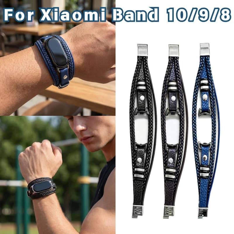Fashion Braided Double Leather Strap For Xiaomi Band 8 7 6 5 Stylish Braided Replacement Strap Adjustable Smart Watch Wristband