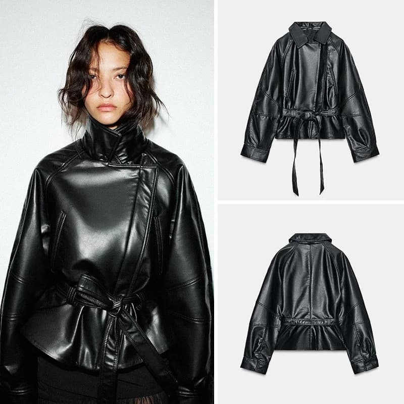 Fashionable Long Sleeve Leather Jacket Women's Autumn New Arrival Casual Waist-Cinching Style Stand Collar Short Outerwear