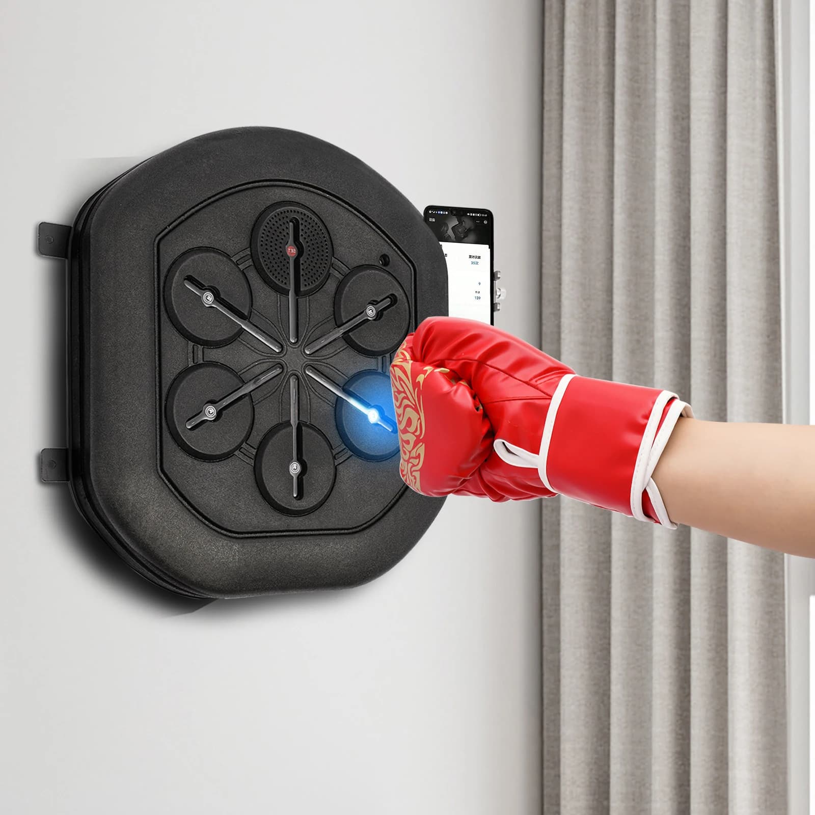 Wall Music Boxing Machine with Bluetooth and LED Lights, Gloves Included for Kickboxing, Karate and Training in Home Gym