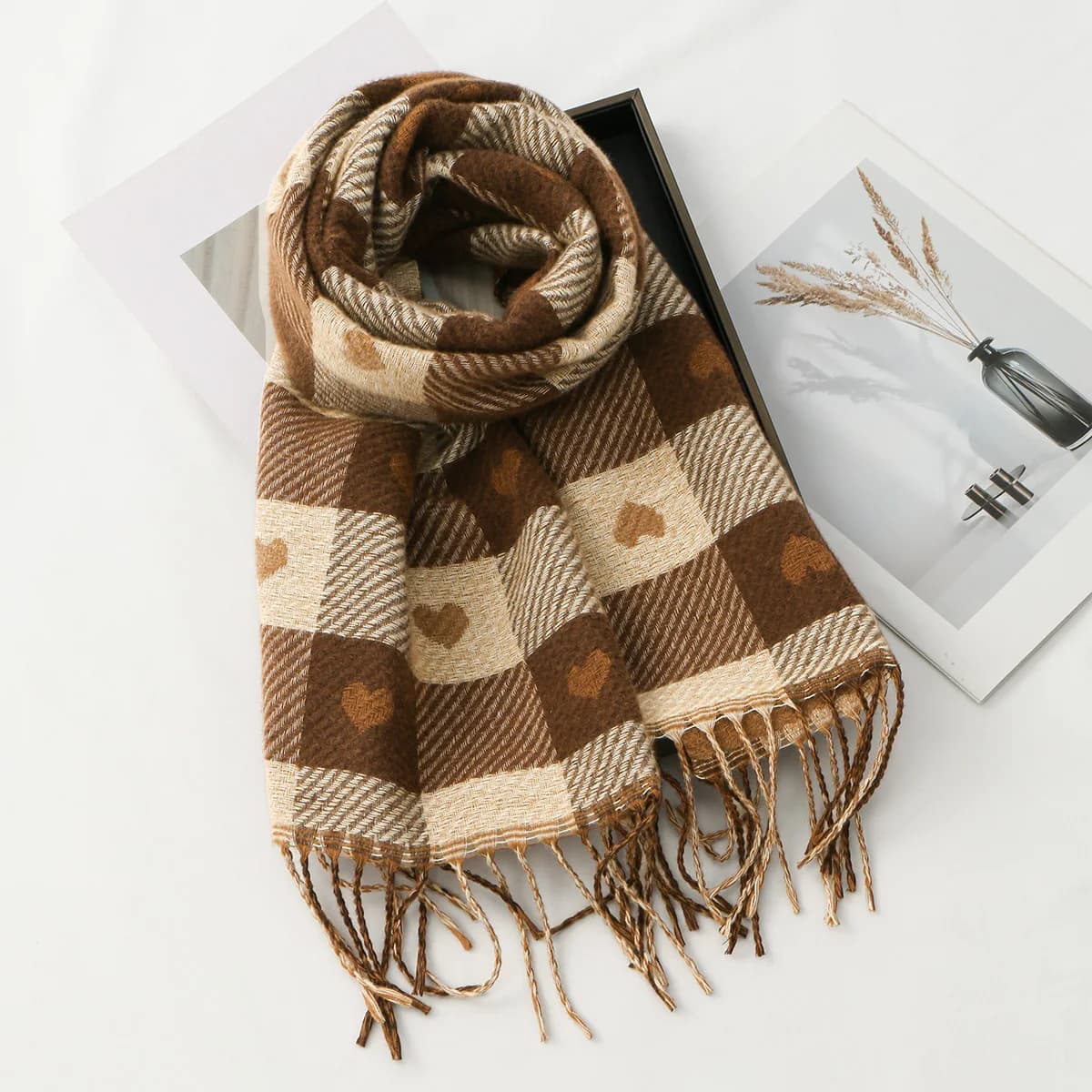 Sciarpa da donna autunno e inverno con motivo a cuore, comoda sciarpa scozzese, spessa, calda, grande coperta, scialle, sciarpa Pashmina