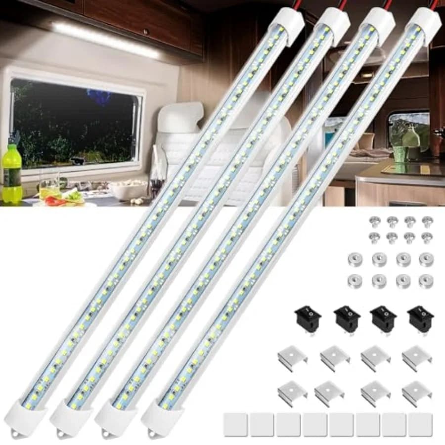 4PCS 12V LED Interior Light Bar, Super Bright 6500K 12V LED Light Strip Lights with Switch and Magnets, 48 LEDs 700LM Enclosed
