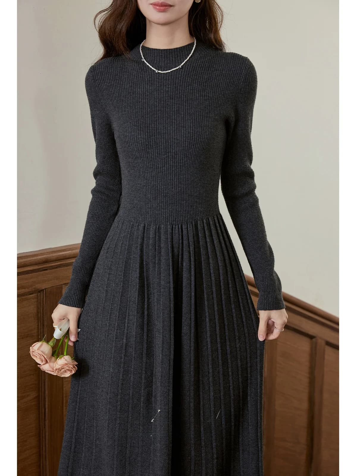 Gray Knitted Dress South Deer Wish Girl Elegant Slimming Base Layer Skirt Winter Casual A-Line Dress Medium Stretch