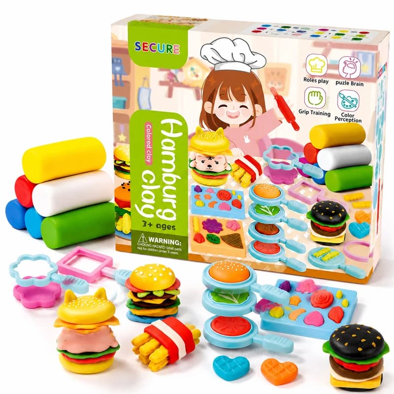 3D Play Dough Food Toy Set Kids Clay Burger Vegetables French Fries Hot Dog Molds Rolling Pin Kit Pretend Cooking Play House Toy