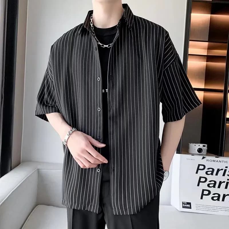 2026 Camicia a righe da uomo Camicette a maniche corte gotiche unisex nere di tendenza oversize casual giapponese