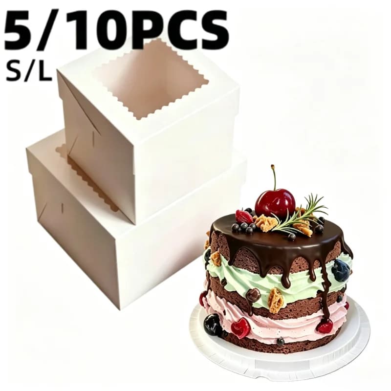 5/10PCS White Square Cake Boxes with Clear Window Disposable Paper Bakery Box Gift Packaging Box for Birthday Fruit Cake Dessert