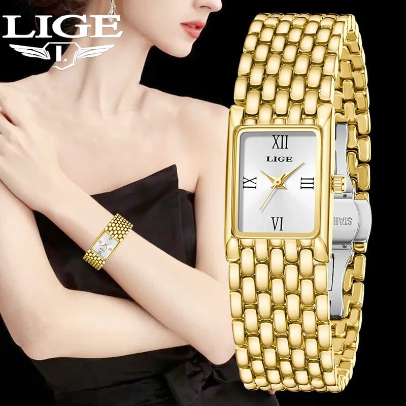LIGE Luxury Women's Square Watches Waterproof Stainless Steel Quartz Wrist Watch Classic Fashion Business Gift Watches for Women