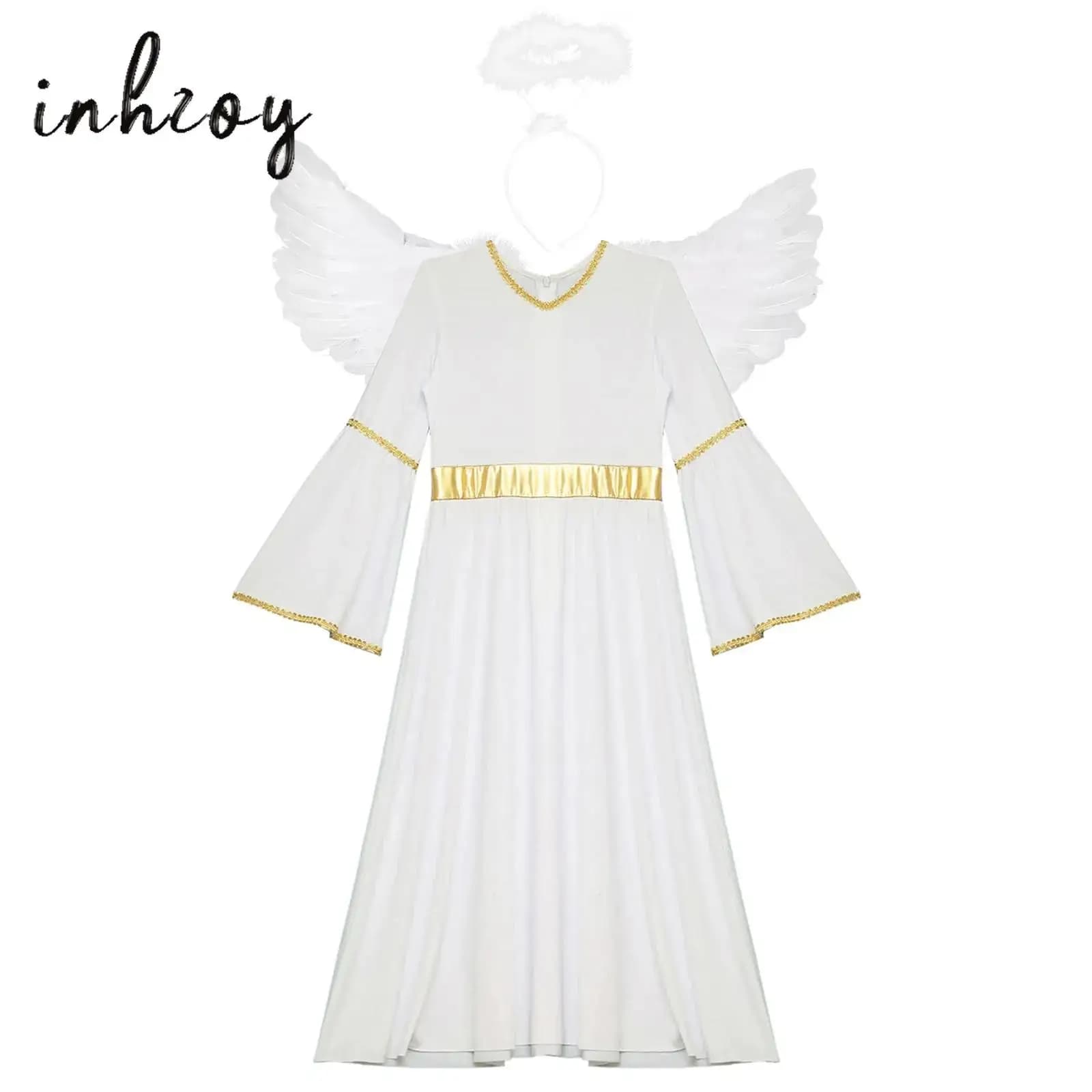 3 pezzi ragazze principessa greca costume cosplay toga festa di halloween vestire dio angelo gioco di ruolo abito a maniche lunghe abito + ali set