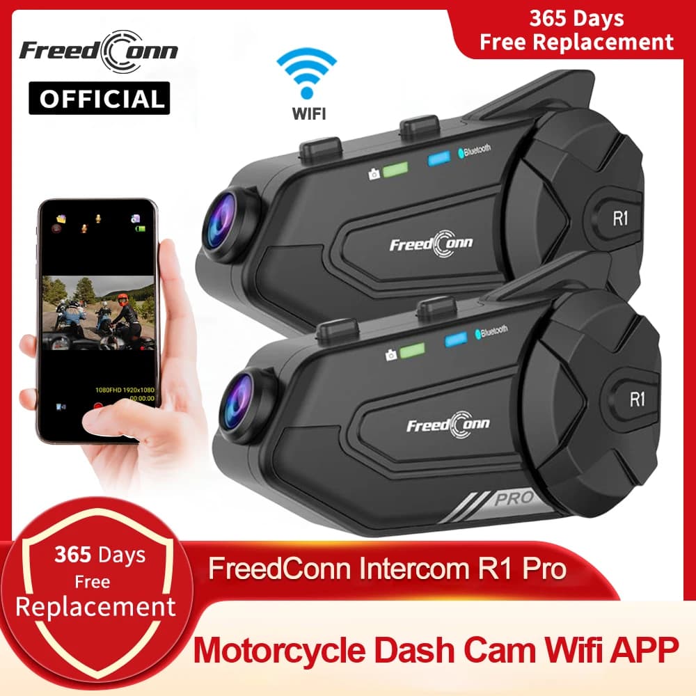 Freedconn R1 Pro Bluetooth Intercom for Motorcycle Helmet Headset Speaker Group Speaker Headphone App WiFi Moto Dash Cam Moto Dvr