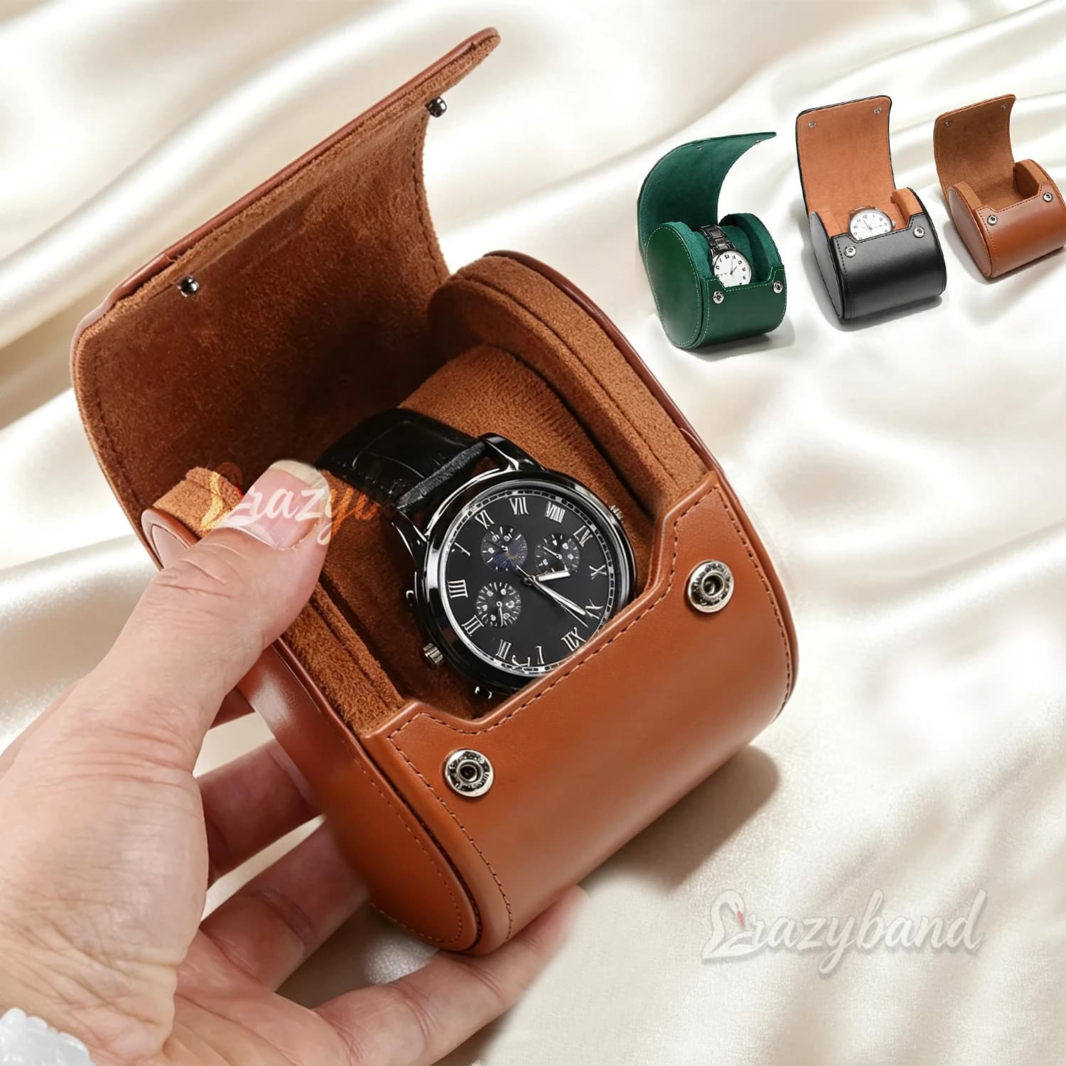 Handmade Luxury Leather Portable Single Watch Travel Roll Organizer Packing Storage Case Box Removable Pillows Solid Dividers