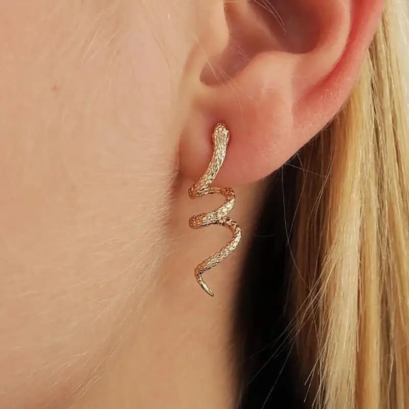 Gold Plated Snake Dangle Earrings Unique Textured Surface Hypoallergenic Posts For Party Date Daily Wear