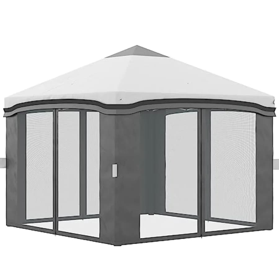 Outdoor garden patio pop up canopy tent, polyester fabric, beige, height adjustable with netting and wheeled carry bag