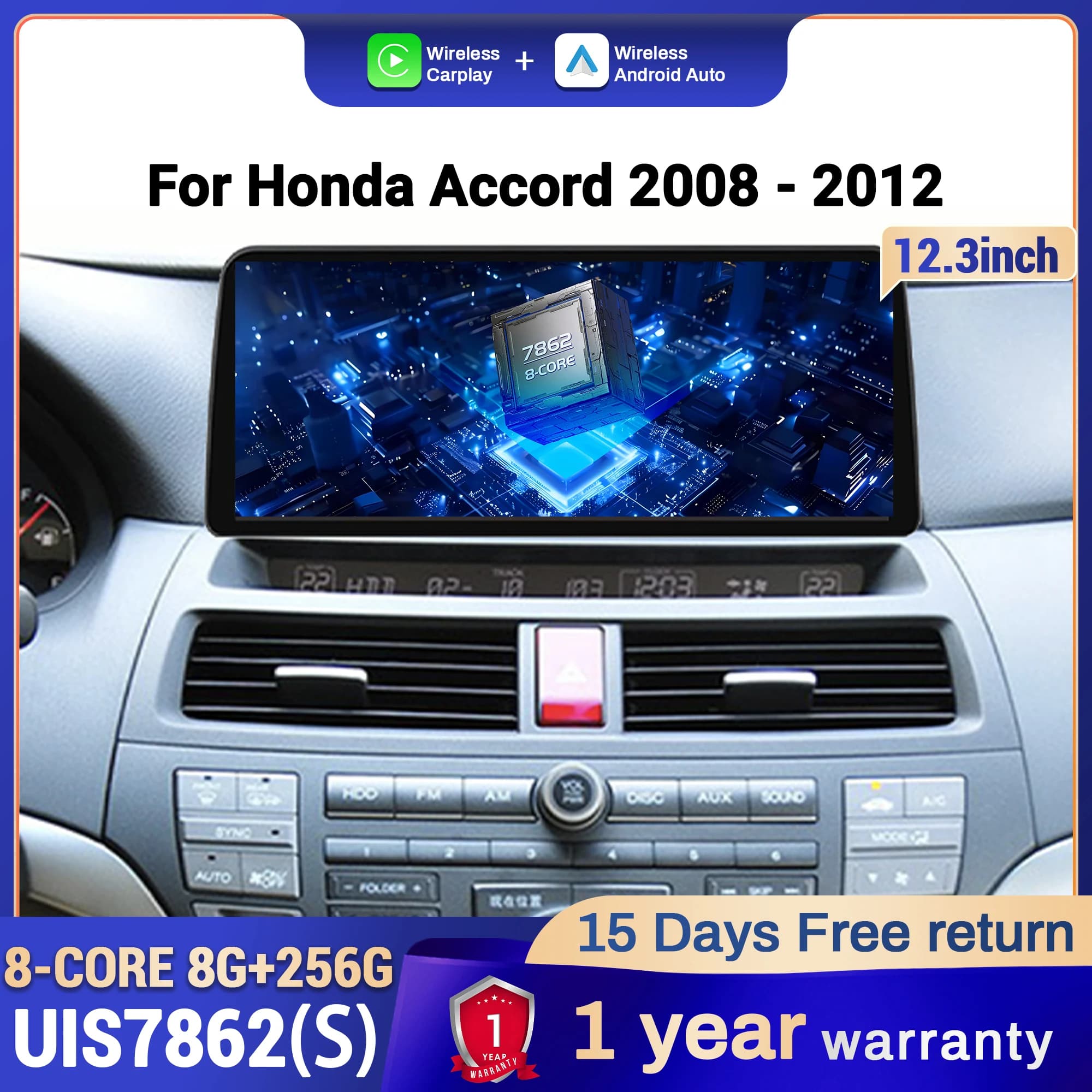 12.3 pollici Android 14 Per Honda Accord 2008-2010 2011 2012 Autoradio Multimedia di Navigazione 4G GPS Wireless CarPlay Touch Screen