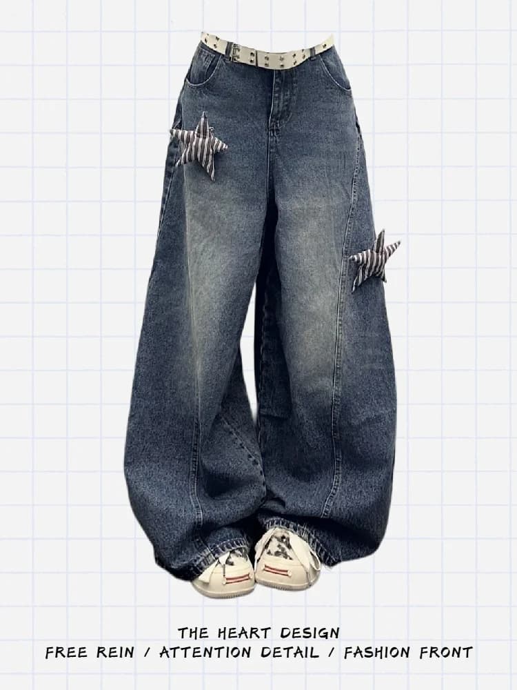 Street Sle High Waist Wide Leg Jeans Women's Faded Star Patch Waed Knife Long Pants Loose Fit Casual Straight Jeans