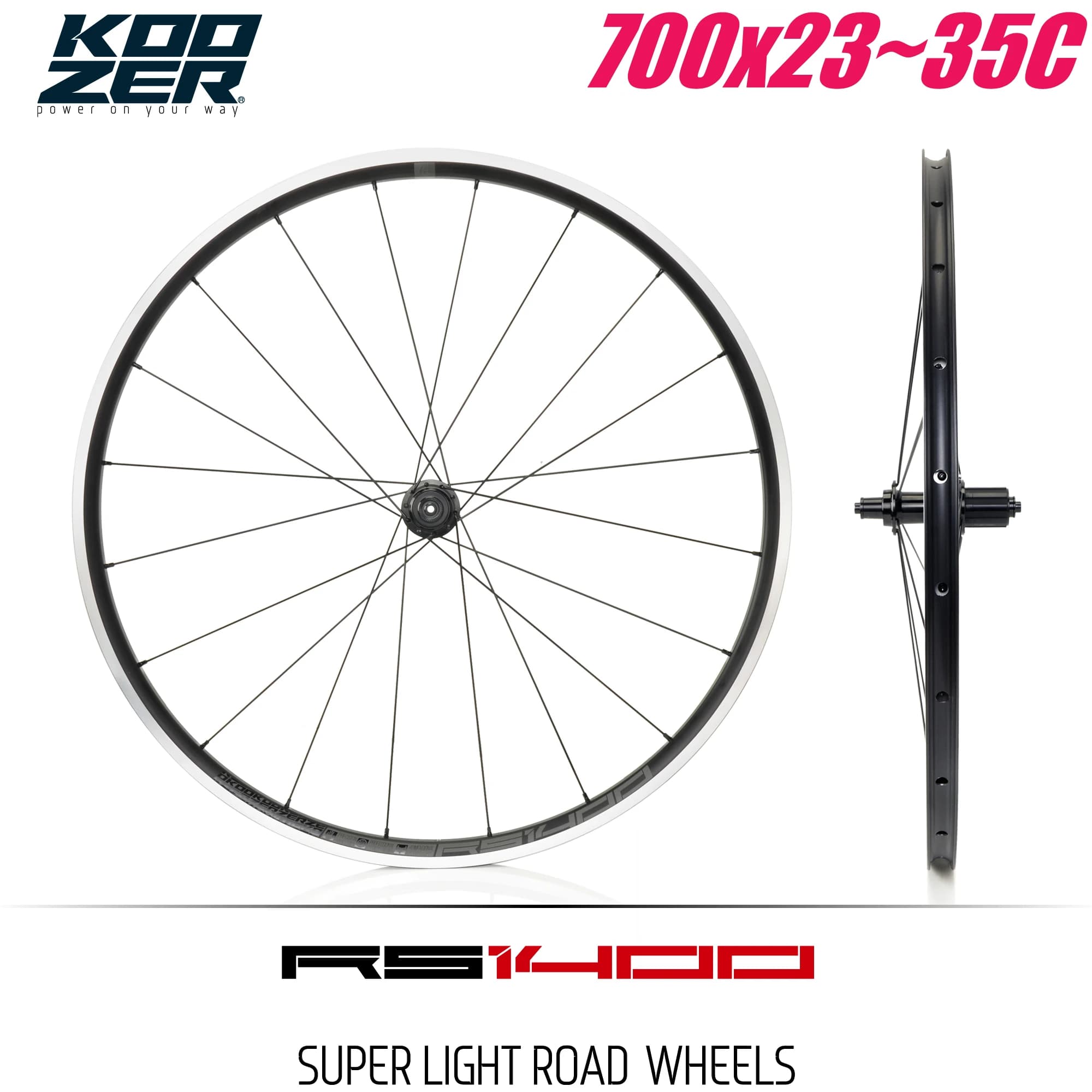 KOOZER RS1400 Set di ruote per bicicletta da strada ultraleggero 700C 120HD Sistema ruota libera 23C-35C Freno per cerchioni Ruota per bicicletta originale Ciclismo