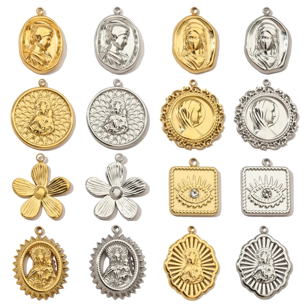 3 pz/lotto French Eye Fiore In Acciaio Inox Fai Da Te Bracciale Charms Donne Vergine Maria Collana Ciondolo Etichetta Religiosa Gioielli