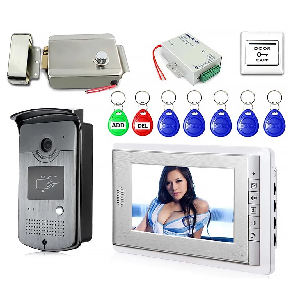 Kit videocitofono da 7", sistema videocitofonico con serratura elettrica + alimentatore + uscita porta + portachiavi ID per villa domestica
