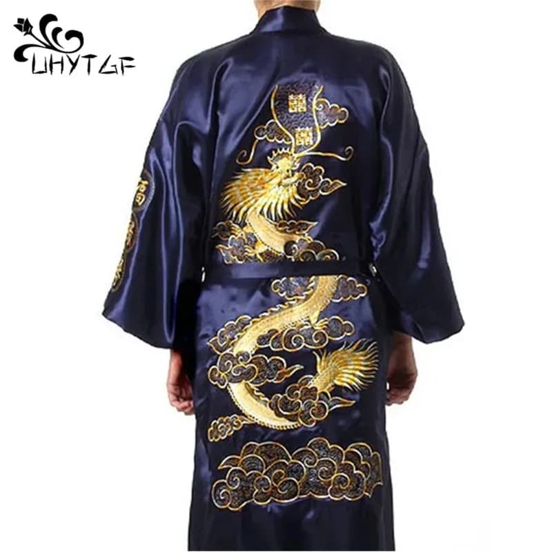 Men's Style Tang Blue Navy, Chinese Silk Satin with Embroidery, Long Kimono with Dragon, Sizes S M L XL XXL