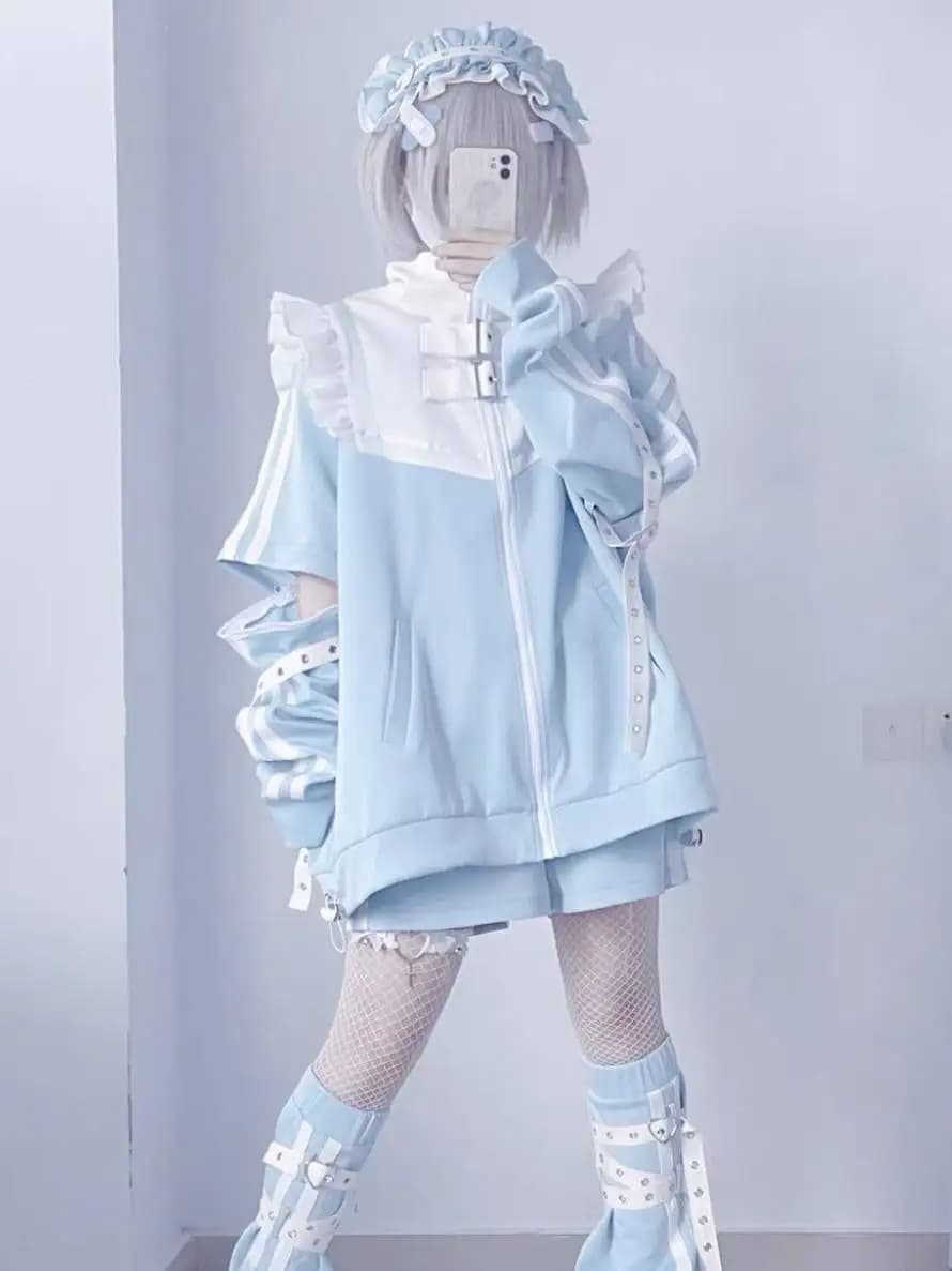 Giacca felpa a maniche corte Bionic Angel con leggings e pantaloncini staccabili indossabili in due modi, set di abiti carini e morbidi per ragazza
