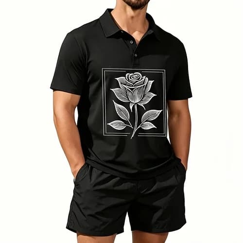 Men's Summer Casual Printed Suit Continuous Line Rose Petal t Shirt Suitable for Everyday Wear, Featuring a Printed Design