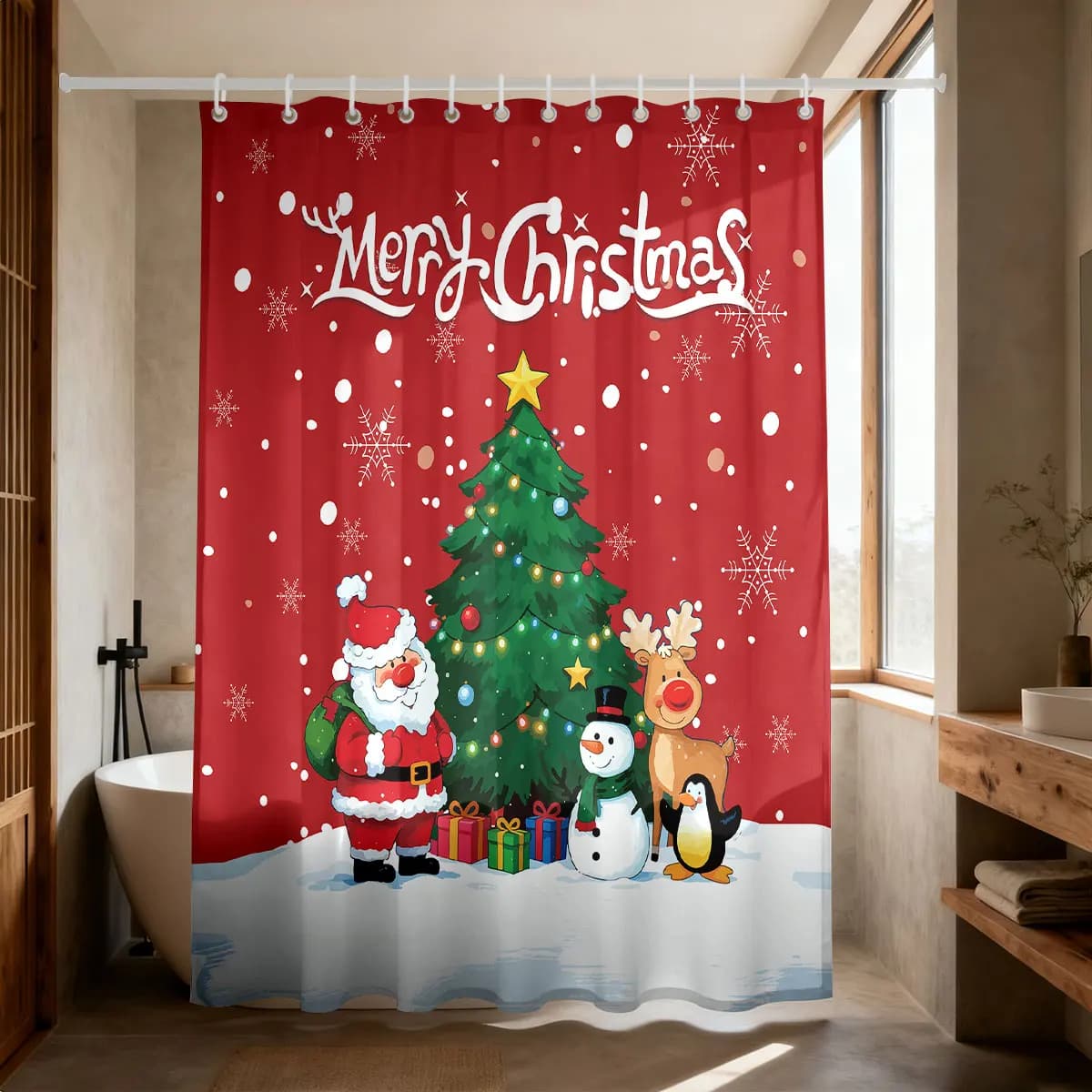 1pc albero di Natale cartone animato Babbo Natale stampa tenda da doccia impermeabile tenda da appendere per la privacy con 12 ganci multi formato