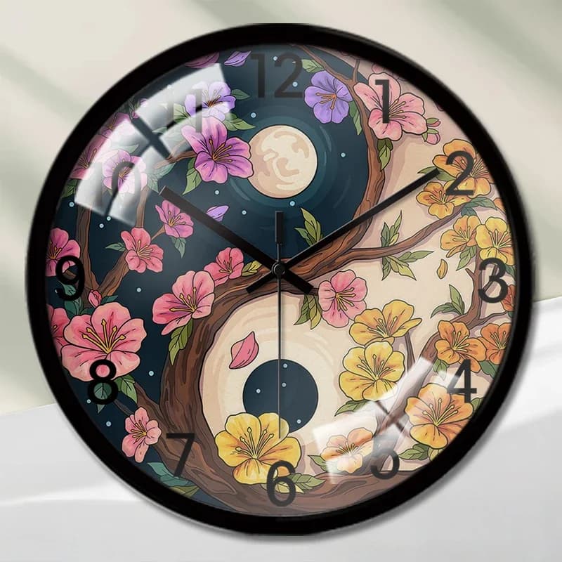 Orologio da parete silenzioso rotondo con disegno Yin Yang Blooms, adatto per soggiorno, scuola, studio, camera da letto, regali per bambini.