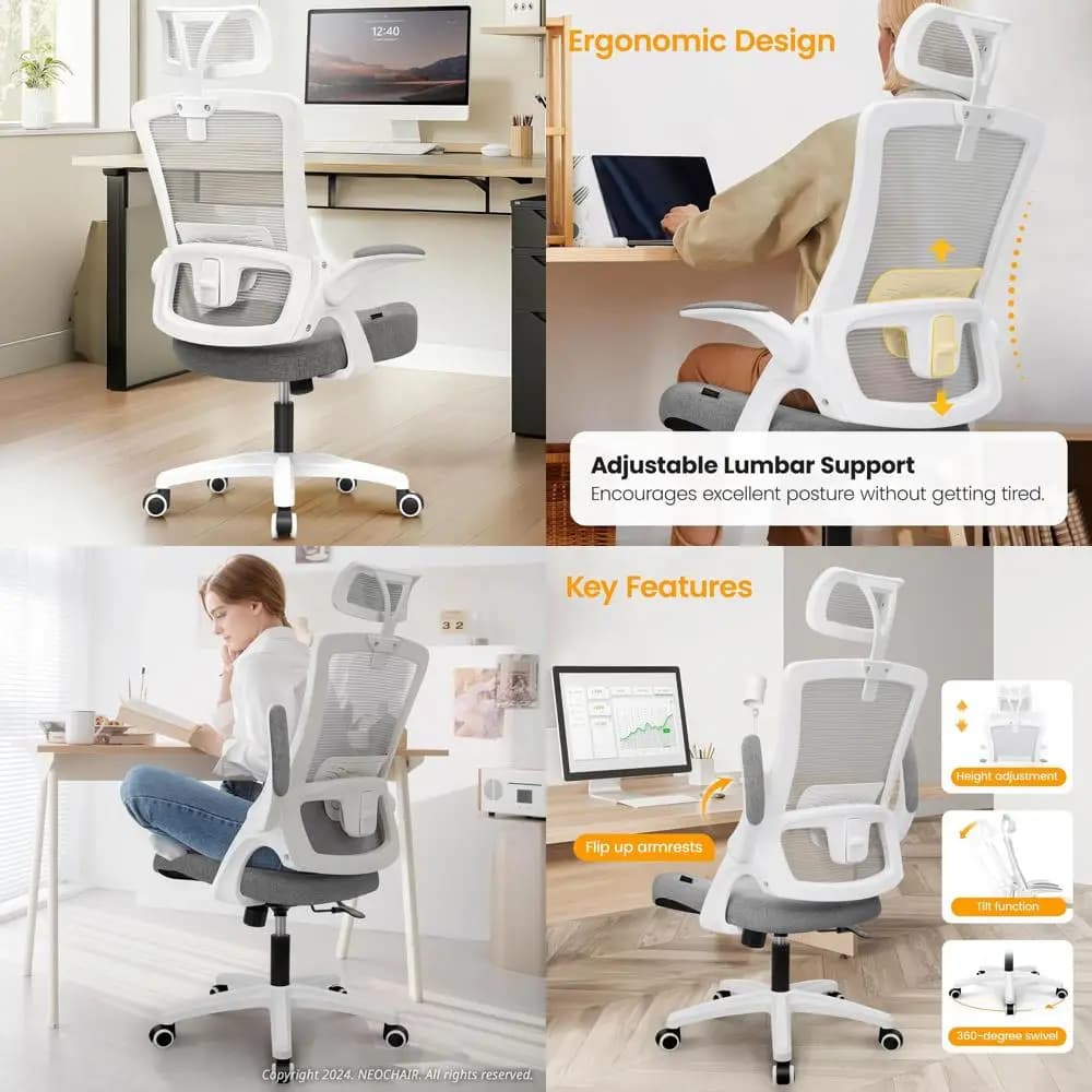Sedia da Gaming Ergonomica con Schienale Alto in Rete, Braccioli Regolabili, Supporto Lombare e Rotazione per un Comodo Uso in Ufficio (Grigia)