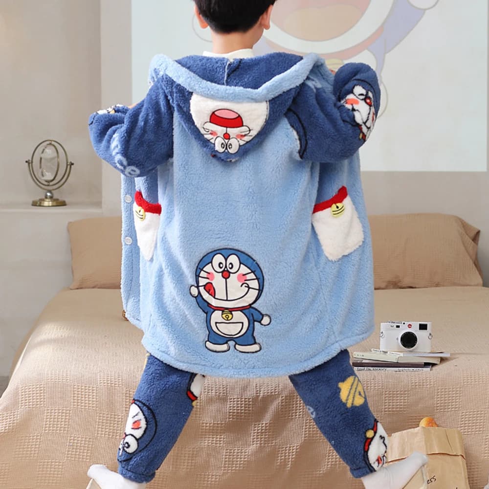 Kawaii Anime Doraemon Boys Pajamas Fluffy Sleepwear Set Hooded Robe Cartoon Print Pocket Warm Winter Home Pajama Gift for Boys