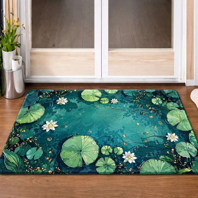 Lotus Pond Moonlight Door Mat Zen Garden Theme Non Slip Entrance Rug Tranquil Space Decor Meditation Gift Peaceful