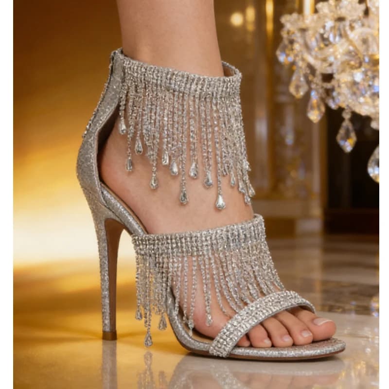 Women's Style Sandals with Silver Rhinestone Frange, Summer 2026, Open Toe, with Cable Strap, Crystal Nappe, High Heels, Sexy Bridal Shoes