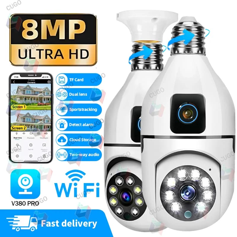 Telecamera di Sorveglianza WIFI E27 8MP con Doppia Lente, Tracciamento AI, Design a Doppio Archiviazione, Monitoraggio di Sicurezza per Bambini