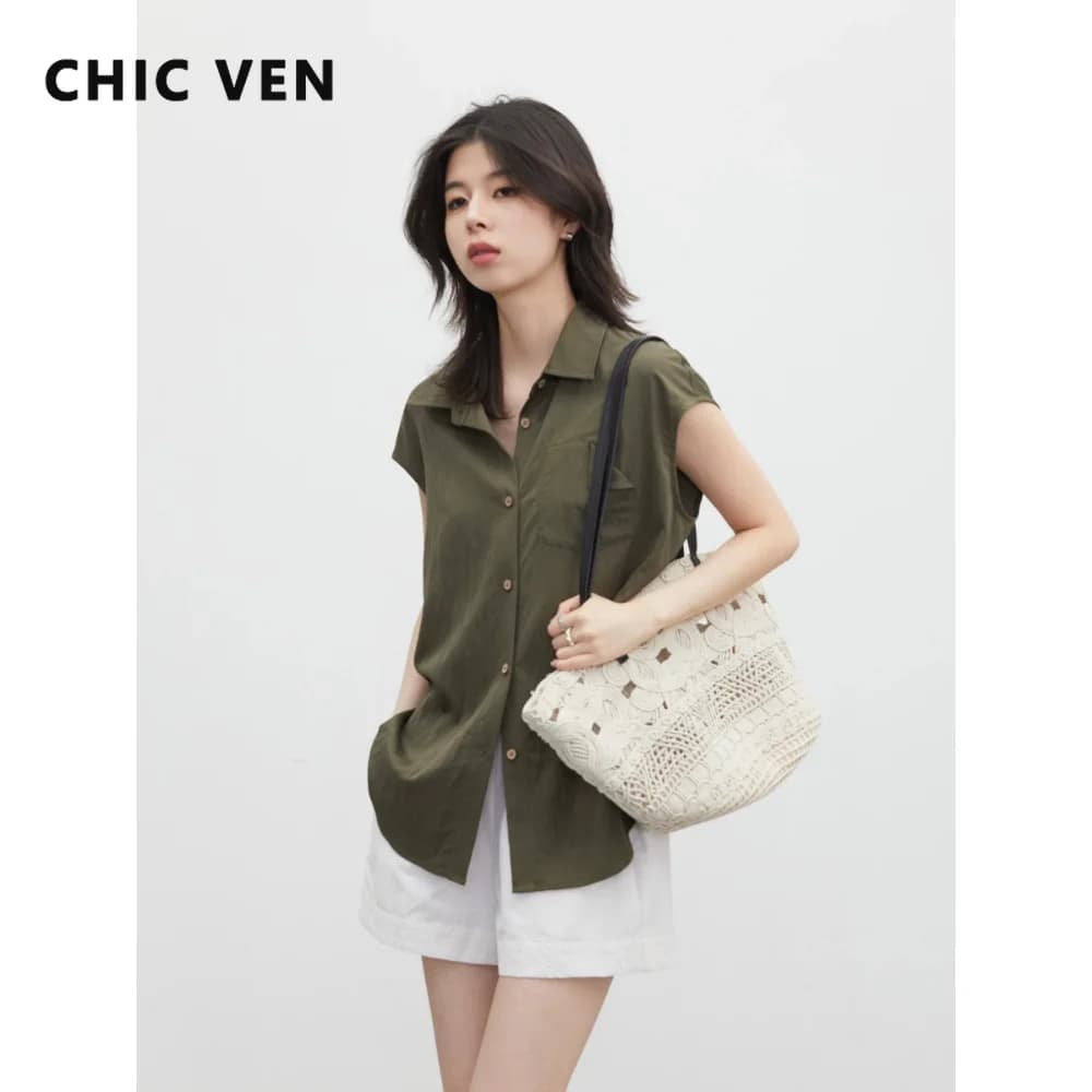 CHIC VEN New Fashion Women Shirt Solid Loose Casual Lapel Single Breasted Female Short Sleeved Blouses Summer Coat 2026