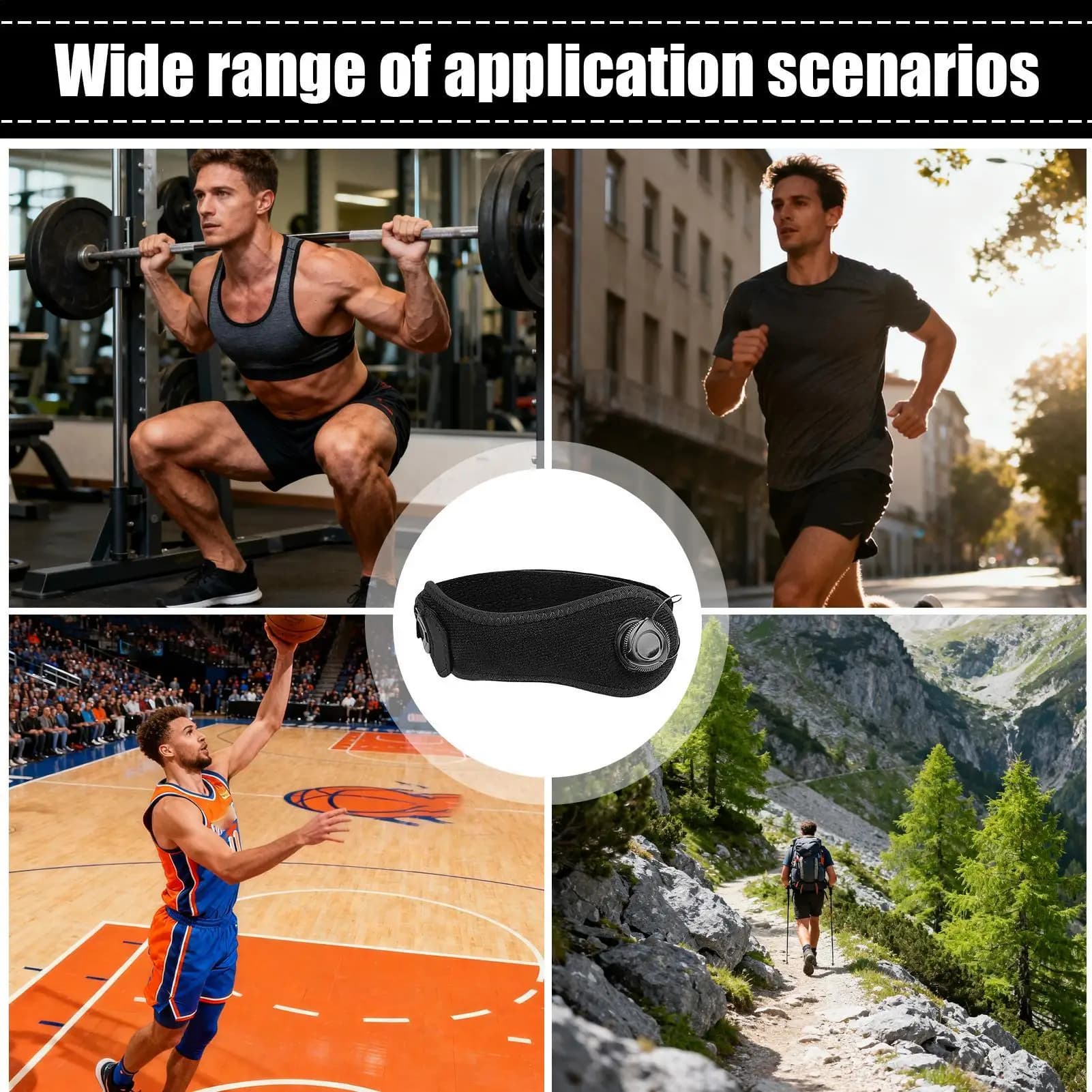 Cinghia di supporto tendine rotuleo Compressione ergonomica Equipaggiamento sportivo protettivo Tutore di supporto per ginocchio per escursionismo Calcio Basket