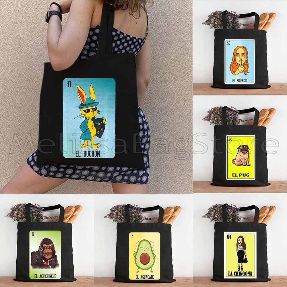 El Catrin Muertos Tarocchi ESTRELLA SIRENA Luna ROSA LA BANDERA Loteria messicana Bingo Card Regali Shopper Borsa tote in tela Borsa