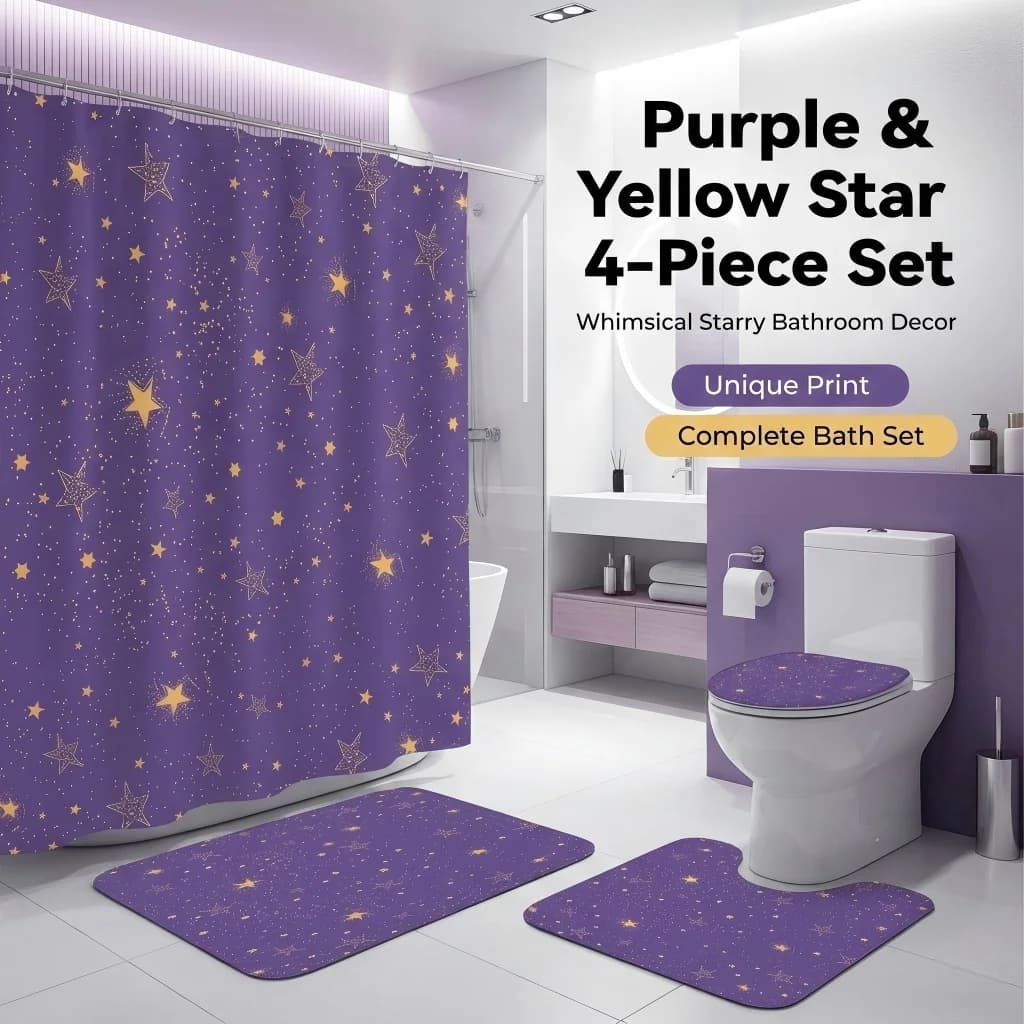 Purple Galaxy Waterproof Polyester 4-Piece Starry Sky Shower Curtain Set with Bath Mat Machine Washable