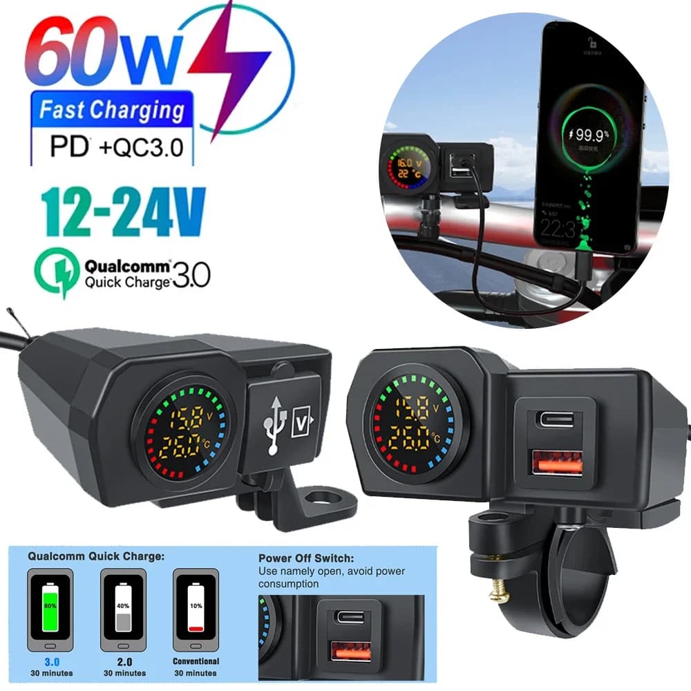 PD QC3.0 Battery Charger Grip for 60 W USB Type-C Motorcycle Quick Charging Spin for Motor Charger Voltmeter Thermometer Digital Display